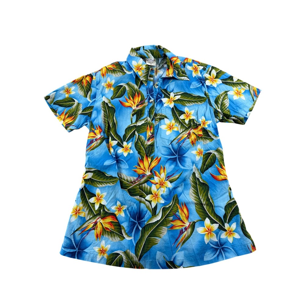Go Barefoot Hawaiian‎ Shirt Mens Medium Blue Bird of Paradise Cotton Made in USA
